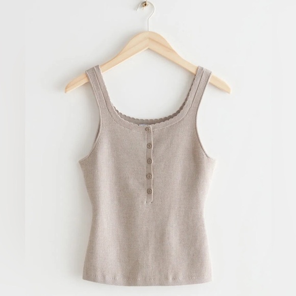 & OTHER STORIES Scalloped Knit Wool Button Tank Top Tan XS - Picture 1 of 10